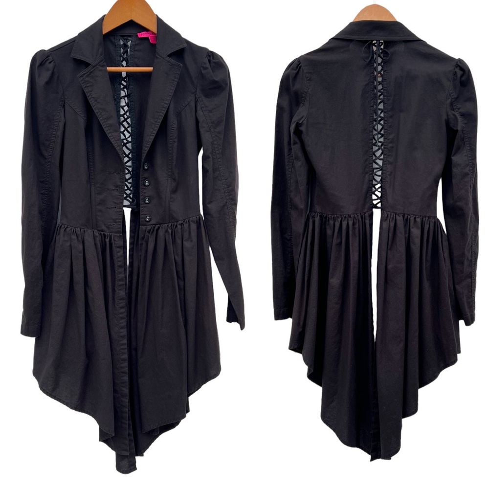 Betsey Johnson Black Cotton Corset Back Button Up Gothic Victorian Blouse - Picture 3 of 9